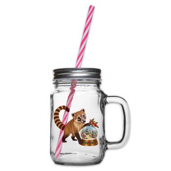 Nasenbär mit winterlicher Beerenwald-Schneekugel - Henkelglas mit Schraubdeckel - Klar - Rechts