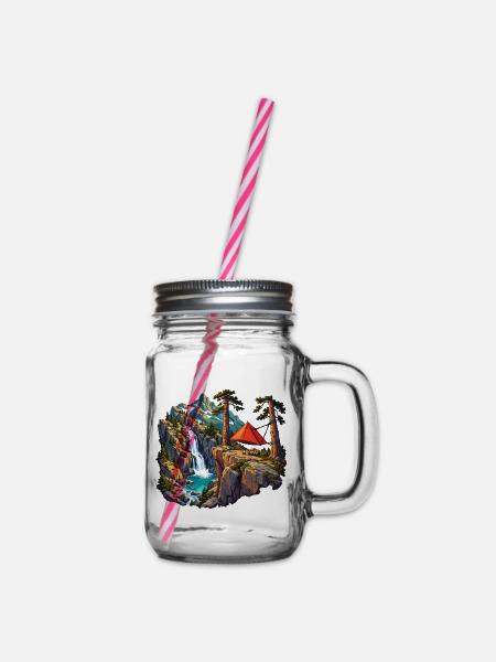 Felskessel-Camp mit Hängezelt und Wasserfall - Henkelglas mit Schraubdeckel - Klar