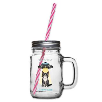Irritated Cat & UFO Beam – “Beam Me Up” Meme - Glass jar with handle and screw cap - clear - Right