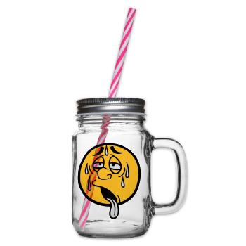 gesicht comic cartoon kreis rund erschoepft sonne - Henkelglas mit Schraubdeckel - Klar - Rechts