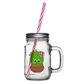 Chunky Kaktus With Pink Flower And Buds - Henkelglas mit Schraubdeckel - Klar - Rechts