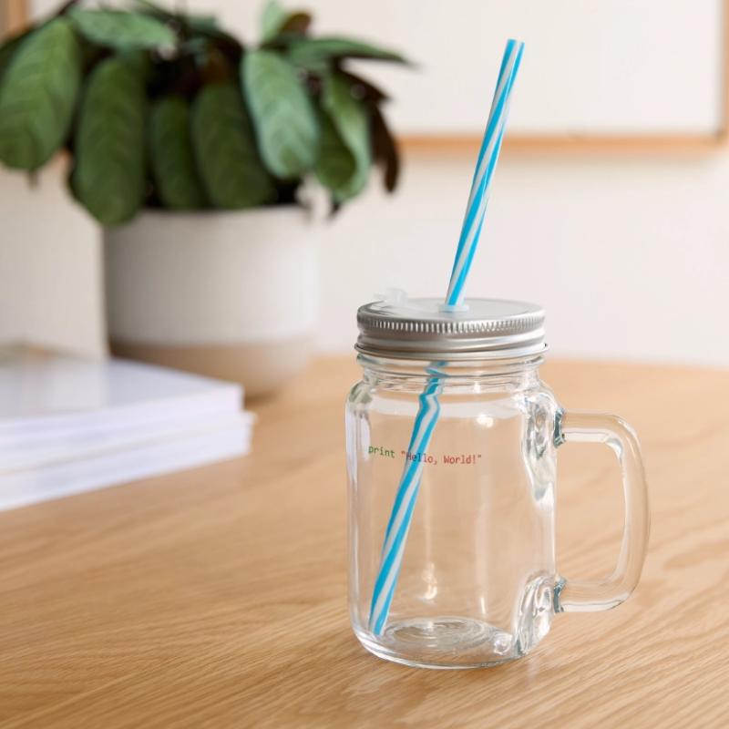 Hello World funny gift python programmer Glass jar with handle and screw cap