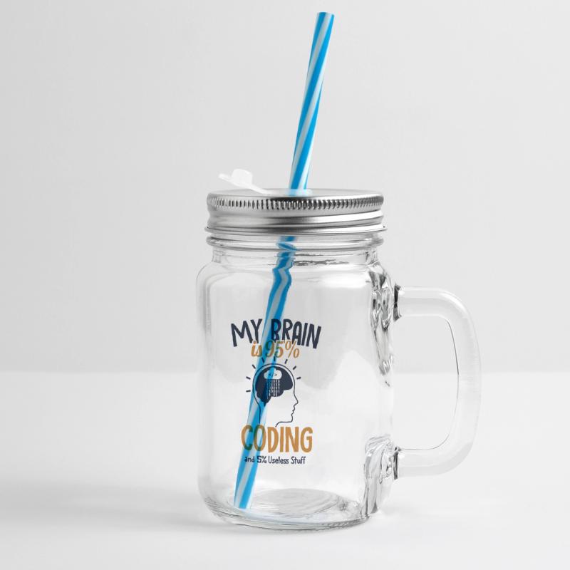 My Brain is 95% Coding Full Stack Coder Software Glass jar with handle and screw cap