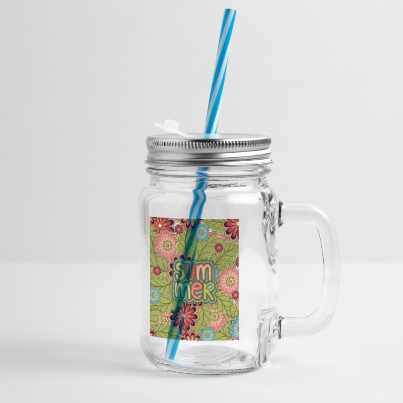 Summer, Pattern, Floral Pattern, Summer Pattern Glass jar with handle and screw cap