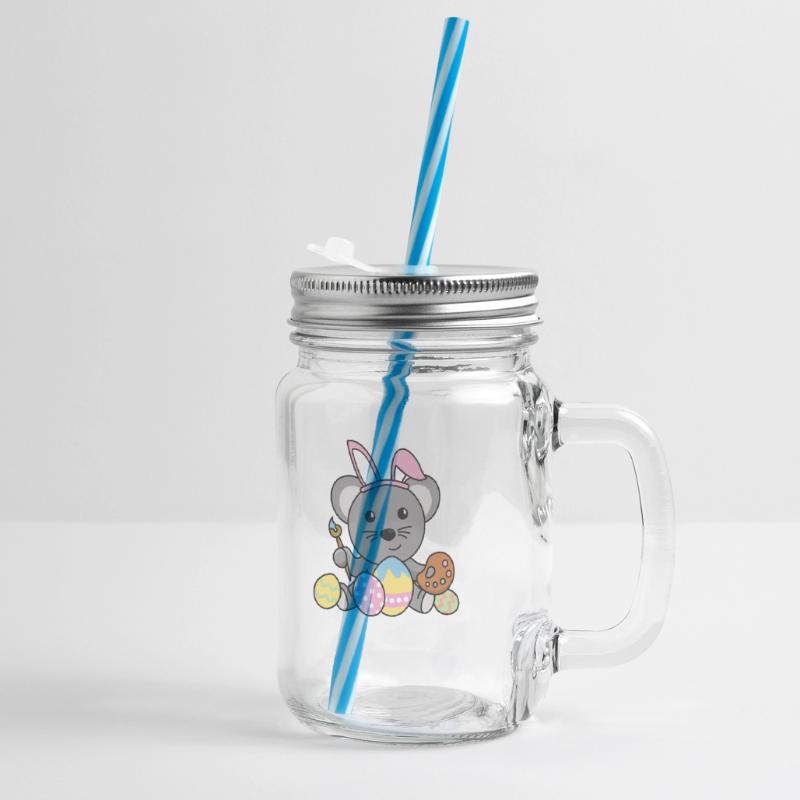 Happy Easter Cute Mouse Easter with Easter Eggs Glass jar with handle and screw cap