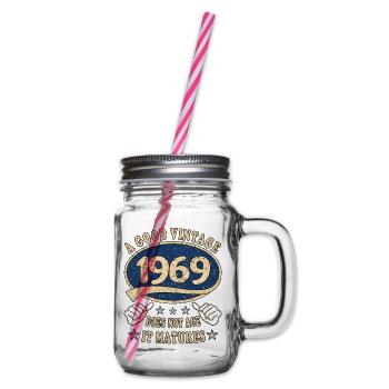 54th birthday 1969 '54 Good vintage - Glass jar with handle and screw cap - clear - Right