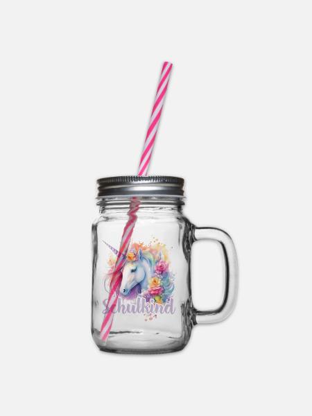 Einhorn Blumen Schulkind Einschulung 2023 - Henkelglas mit Schraubdeckel - Klar