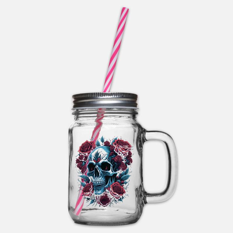 Crâne avec des fleurs de roses - Bocal à boisson - transparent