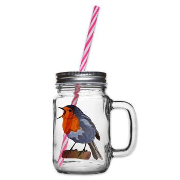 Robin Bird Illustration on Textile - Glass jar with handle and screw cap - clear - Right