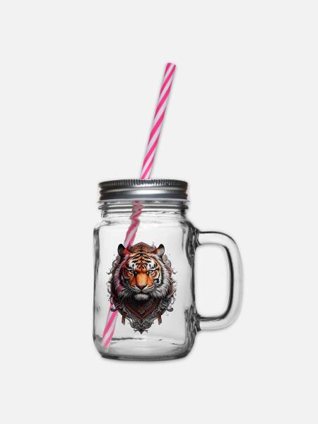 Bengalischer Tigerkopf im Stil Wikinger-Tattoo - Henkelglas mit Schraubdeckel - Klar