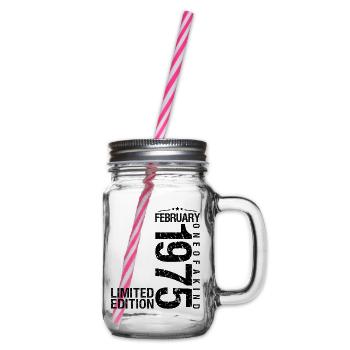 Birthday February 1975 February born in January - Glass jar with handle and screw cap - clear - Right