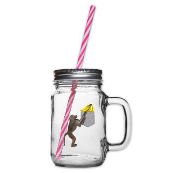 Baboon Monkey Reaching For Banana In Fake Pocket - Glass jar with handle and screw cap - clear - Right