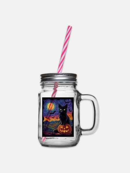 Halloween Geschenk Frauen Katze Männer Kinder Deko - Henkelglas mit Schraubdeckel - Klar