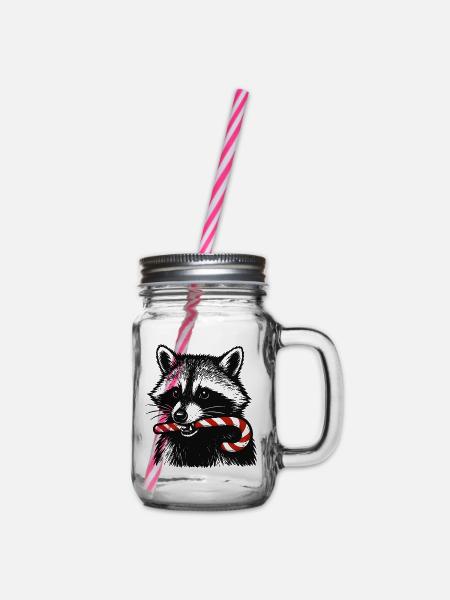 Weihnachts Waschbär mit Zuckerstange - Henkelglas mit Schraubdeckel - Klar