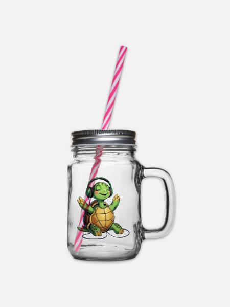 Musikturtle mit Kopfhörern - Henkelglas mit Schraubdeckel - Klar