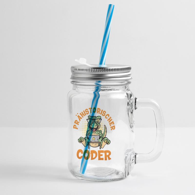 Coding PREHISTORIC CODER Fun Glass jar with handle and screw cap