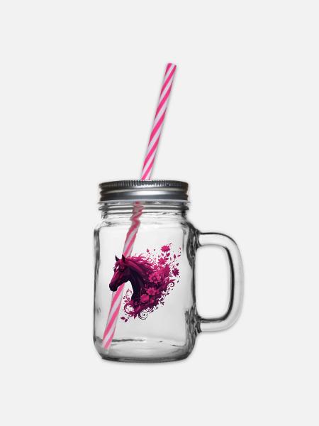 Magenta Pferd mit Blütenwirbel - Henkelglas mit Schraubdeckel - Klar