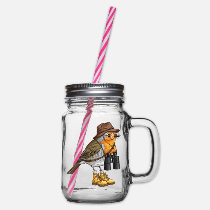 Entdecker-Robin mit Fernglas - Henkelglas mit Schraubdeckel - Klar