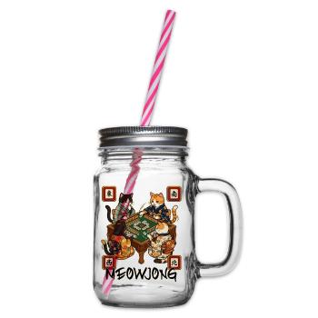 Meowjong Cute Cat Mahjong Game Social Club - Glass jar with handle and screw cap - clear - Right