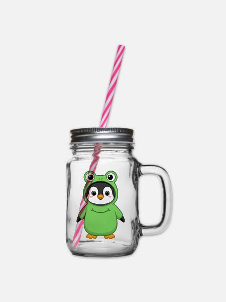 Niedlicher Pinguin Im Froschkostüm Lustig - Henkelglas mit Schraubdeckel - Klar