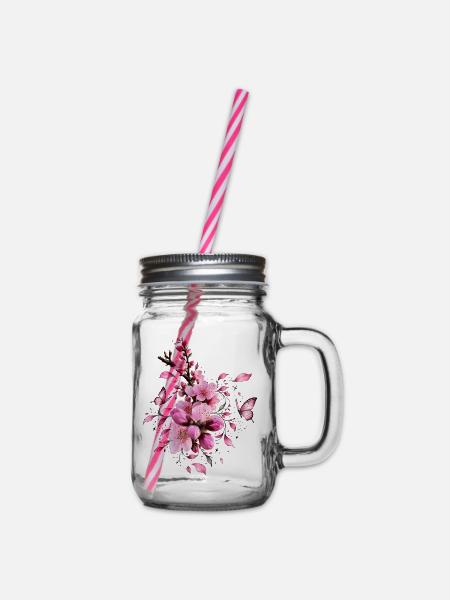Rosa Kirschblüten und Schmetterlinge - Henkelglas mit Schraubdeckel - Klar