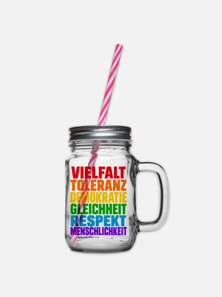 Vielfalt Toleranz Demokratie – Regenbogen Spruch - Henkelglas mit Schraubdeckel - Klar