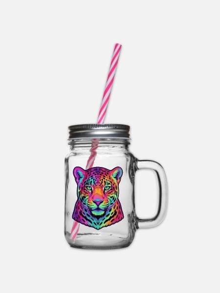 Neon-Leopardenporträt - Henkelglas mit Schraubdeckel - Klar
