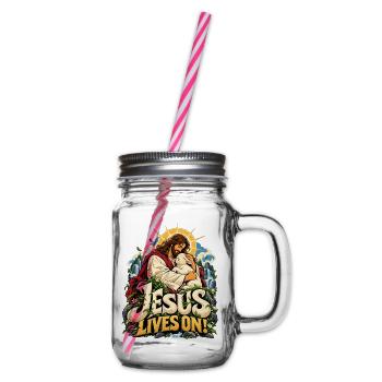 Jesus Lives On Lamm Natur - Henkelglas mit Schraubdeckel - Klar - Rechts