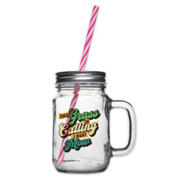 Das Gras ruft, ich muss mähen – Rasenmäher-Geschenk - Henkelglas mit Schraubdeckel - Klar - Rechts