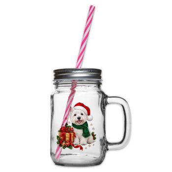 Weihnachts Westi mit Geschenk und Schal - Henkelglas mit Schraubdeckel - Klar - Rechts