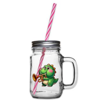 Thick Trex with Trumpet Cartoon Dinosaur Music - Glass jar with handle and screw cap - clear - Right
