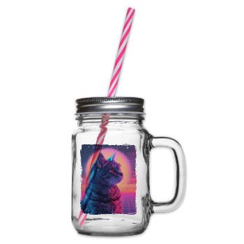 Funny Cute Retro Cat Animal 80s Neon Sun Fat Cat - Glass jar with handle and screw cap - clear - Right