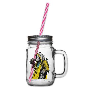 Hood woman wearing a face mask with a yellow - Bocal à boisson - transparent - Droite