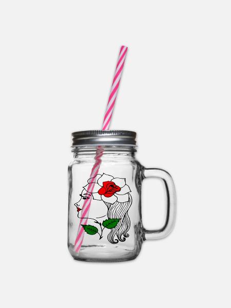 Frauenkopf mit Rose im Haar - Henkelglas mit Schraubdeckel - Klar