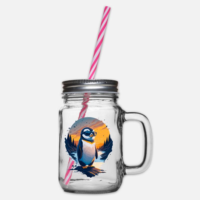 Cute penguin - Glass jar with handle and screw cap - clear