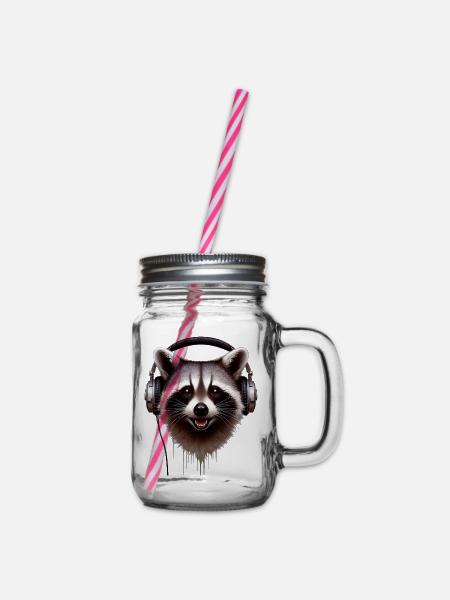 Waschbär mit Kopfhörern - Henkelglas mit Schraubdeckel - Klar