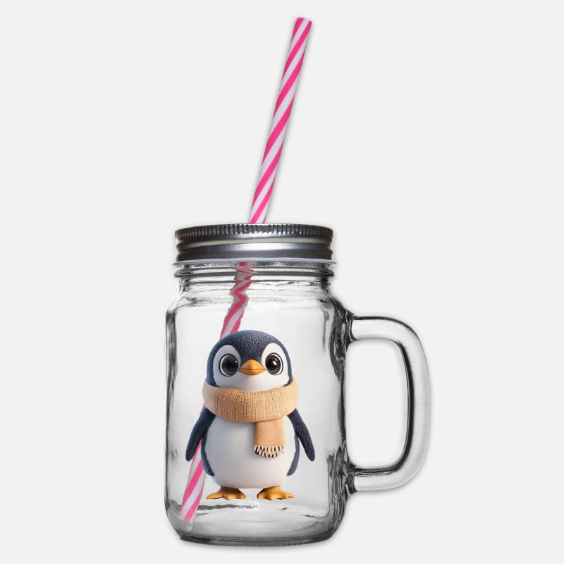 Plüsch Pinguin mit Schal - Henkelglas mit Schraubdeckel - Klar
