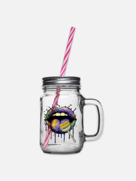 Bunte Pop-Art Lippen & Lolli - Henkelglas mit Schraubdeckel - Klar