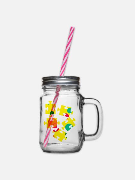 Bunte Puzzleteil Collage - Henkelglas mit Schraubdeckel - Klar