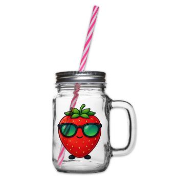 Kawaii Strawberry with Sunglasses Minimalism - Glass jar with handle and screw cap - clear - Right