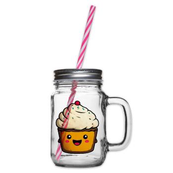 Kawaii Cupcake Gesicht Illustration - Henkelglas mit Schraubdeckel - Klar - Rechts