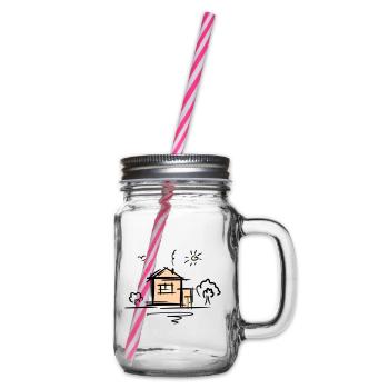 Maison avec arbres et soleil. Dessin. Gribouiller. - Bocal à boisson - transparent - Droite
