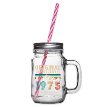 February 1975 Vintage Birthday 1975 Gift - Glass jar with handle and screw cap - clear - Right
