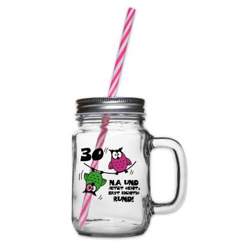 30 birthday, owls on the rope, round - Glass jar with handle and screw cap - clear - Right