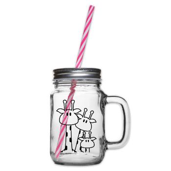 Cute giraffe family with child mom dad giraffe - Glass jar with handle and screw cap - clear - Right