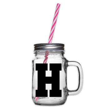 H - capital letter single, bold and serif - Glass jar with handle and screw cap - clear - Right