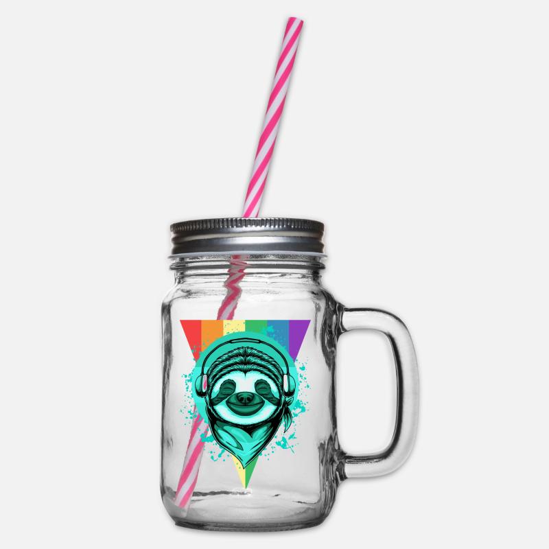 Faultier mit Kopfhörern & Regenbogen - Henkelglas mit Schraubdeckel - Klar