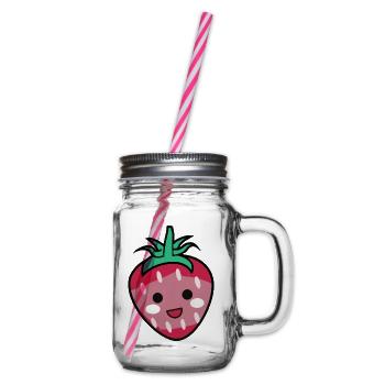 Erdbeere mit Gesicht Lächeln Geschenkidee - Henkelglas mit Schraubdeckel - Klar - Rechts