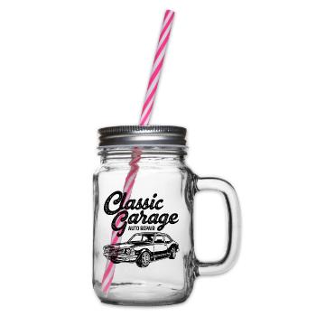 Retro Graphic Car Lover Car Mechanic Vehicle Techn - Glass jar with handle and screw cap - clear - Right