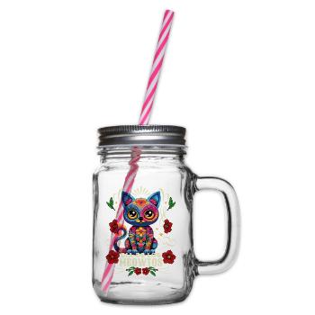 Dia De los Muertos Meowtos Cat Colorful Flowers - Glass jar with handle and screw cap - clear - Right